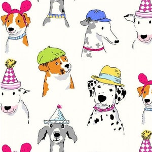 Dog Show Dog Party, Happy Playful Dog, Birthday Party, Animal Fabric, Celebrate, Party Hats, Michael Miller Fabrics, Quilting Cotton fabric