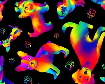 Tossed Rainbow Dog, I Love My Dog, Rainbow on black background, Timeless Treasures, Quilt Cotton Fabric