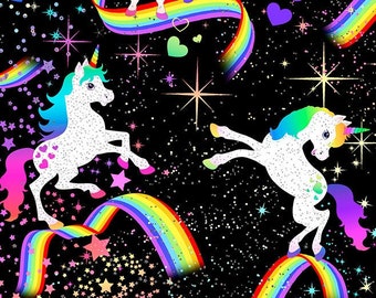 Glitter UNICORNS in Space, Rainbow, Black fabric, Neon, Novelty Fabric, Timeless Treasures, Quilting Cotton Fabric