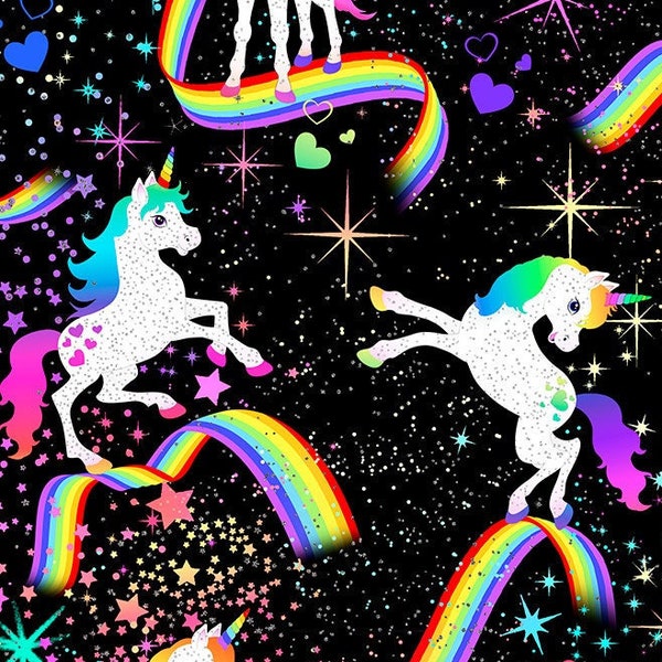 Glitter UNICORNS in Space, Rainbow, Black fabric, Neon, Novelty Fabric, Timeless Treasures, Quilting Cotton Fabric