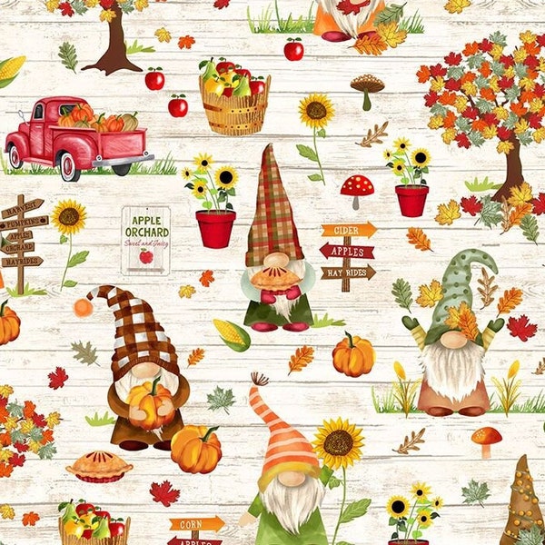 Gnomes Pumpkin Patch, Apply Picking, Fall Leaves, Sunflower, Pie, Yellow Orange Flowers, Garden Fabric, Timeless Treasures, Quilting Cotton