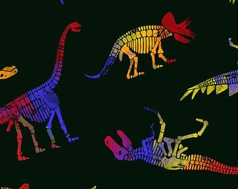 Neon Dinosaur Skeleton, Rainbow Dinosaur, Animal Fabric, Novelty, Timeless Treasures, Quilting Cotton Fabric