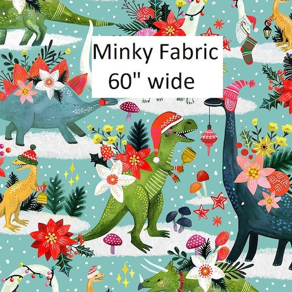 Rawring Holidays SMOOTH MINKY, Dinosaur Christmas Fabric, winter Holiday Party, Children's Christmas, Dear Stella, Extra Wide, MINKY Fabric