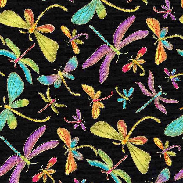 Metallic Dragonfly, Animal Fabric, Pastel Rainbow, Glitter, Black, Insect, Bird, Timeless Treasures, Quilting Cotton Fabric