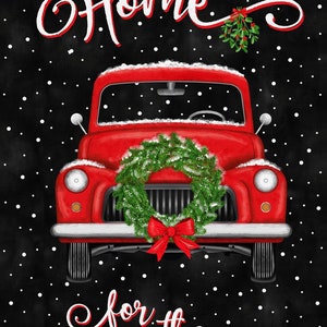 Home For The Holidays PANEL, Santa&#39;s Pickup Truck, Christmas, Rustic, Tree Truck, Timeless Treasures, Quilting Cotton Fabric