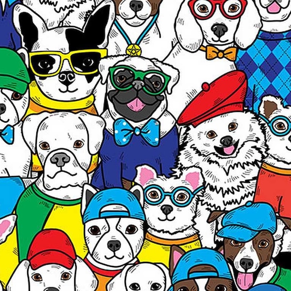 Cartoon DOGS with Hats, Timeless Treasures, Quilting Cotton fabric