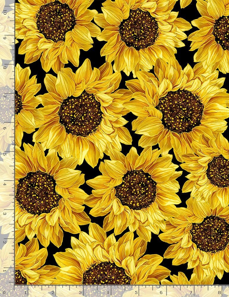 Packed Metallic Sunflowers, Floral Fabric, Yellow Orange Flowers