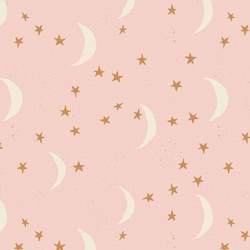 Keeping Watch Mist, Moon And Stars Night Sky Fabric, Pink Fabric, Spa…