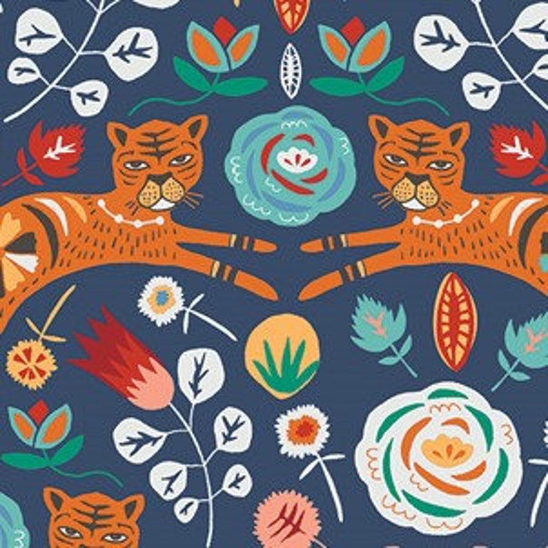 Cat fabric Floral fabric Tigris indigo Tallinn Collection Etsy