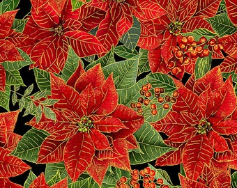 Packed Metallic Poinsettias & Leaves, Winter Christmas Fabric, Timeless Treasures, Quilting Cotton