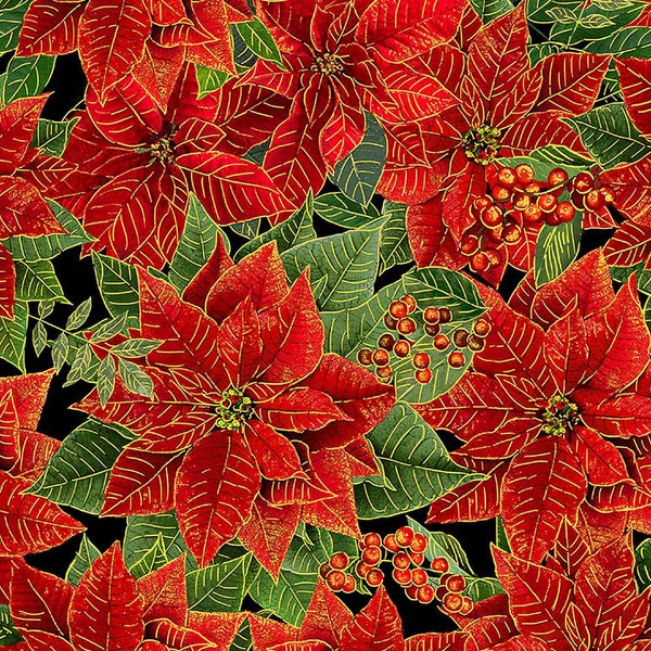 Packed Metallic Poinsettias & Leaves, Winter Christmas Fabric, Timeless Treasures, Quilting Cotton