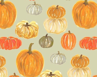 Painted Pumpkins, Fall Fabric, light green background, Thanksgiving Fabric, Garden Fabric, Dear Stella, Quilting Cotton Fabric