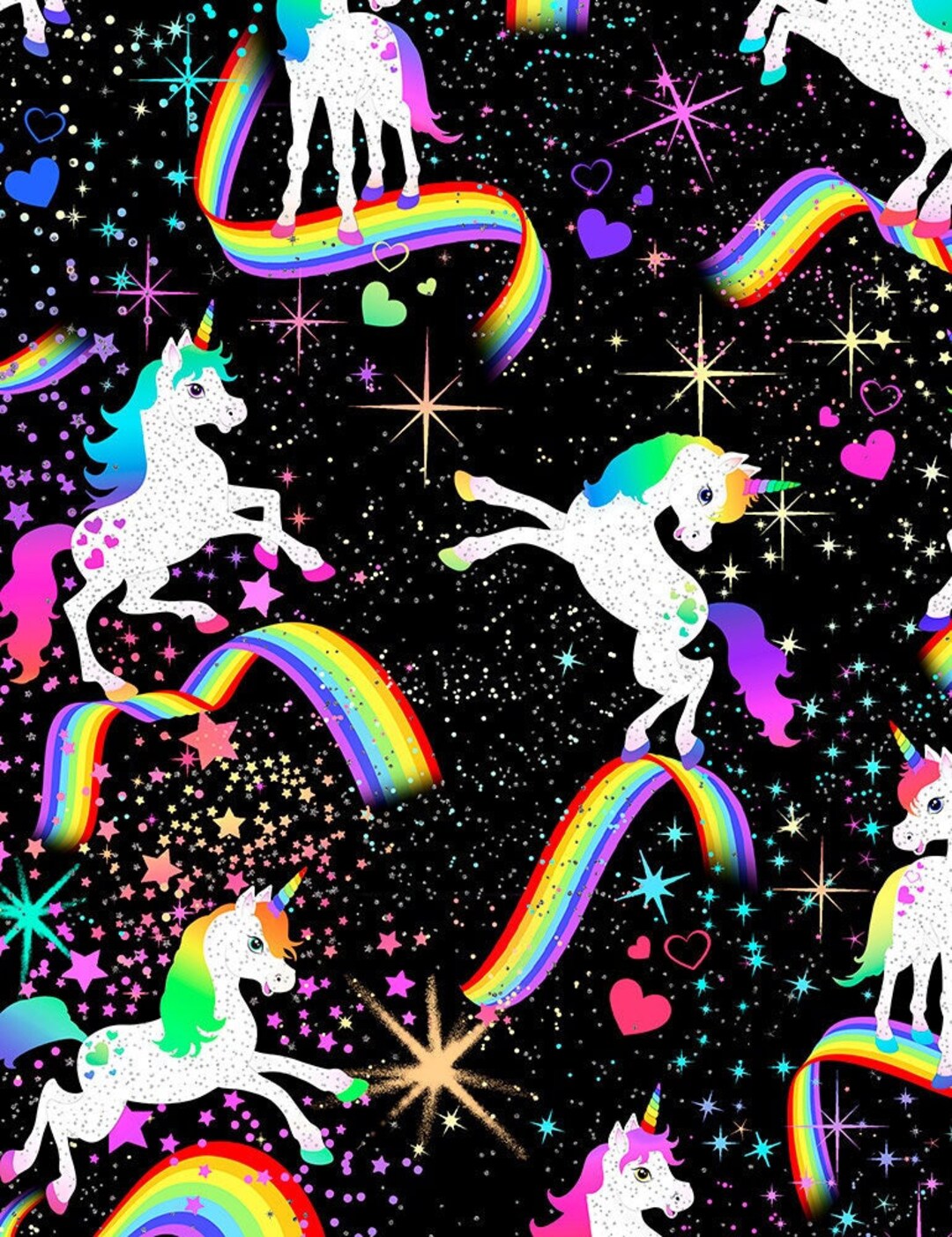 Glitter UNICORNS in Space, Rainbow, Black Fabric, Neon, Novelty Fabric ...