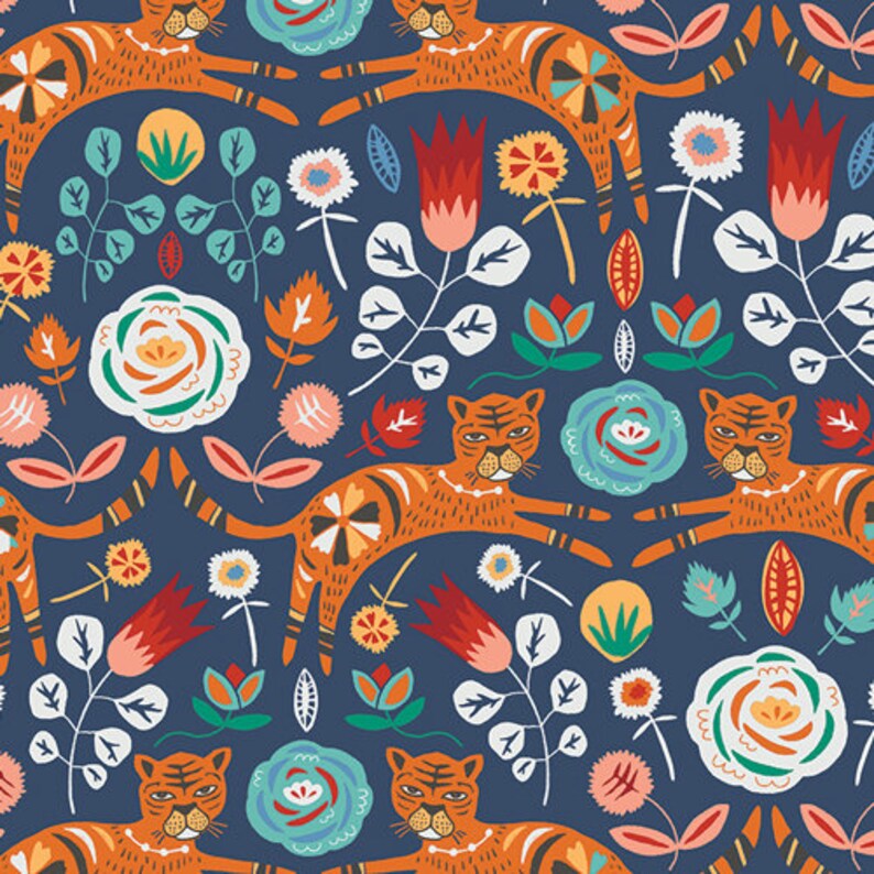 Cat fabric Floral fabric Tigris indigo Tallinn Collection Etsy