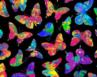 Watercolor Rainbow Butterfly on Black, Colorful Butterfly's, Pink, Purple, Yellow, Timeless Treasures, Quilting Cotton Fabric