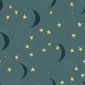 Keeping Watch Dim, Moon And Stars Night Sky Fabric, Green Fabric, Spa…
