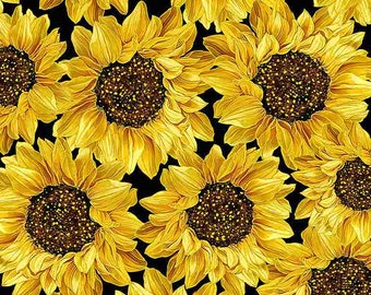 Packed Metallic Sunflowers, Floral Fabric, Yellow Orange Flowers, Garden Fabric, Timeless Treasures, Quilting Cotton Fabric