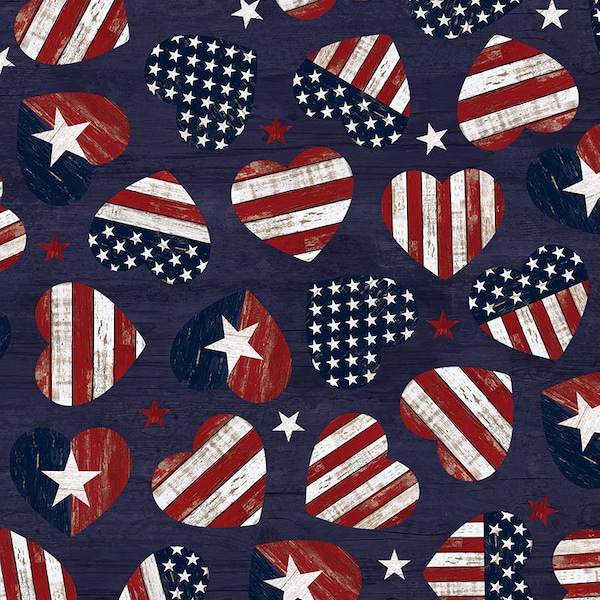 USA Flag Hearts on Navy, Red white blue fabric, USA, 4th of July, America, Timeless Treasures, Quilting Cotton Fabric