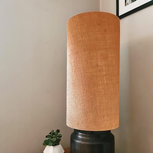 May include: A tall, cylindrical lamp with a dark base and a tan, textured lampshade. The lamp sits on a wooden surface next to a small, white geometric planter with a green plant. The lamp's design is modern and minimalist.
