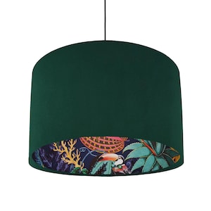 Green Velvet Lampshade with Tropical Wonderland Lining, Large Ceiling Lightshade