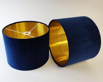 Luxury Navy Blue Lampshade in Velvet with Gold Lining, Large Plain Ceiling Lightshade