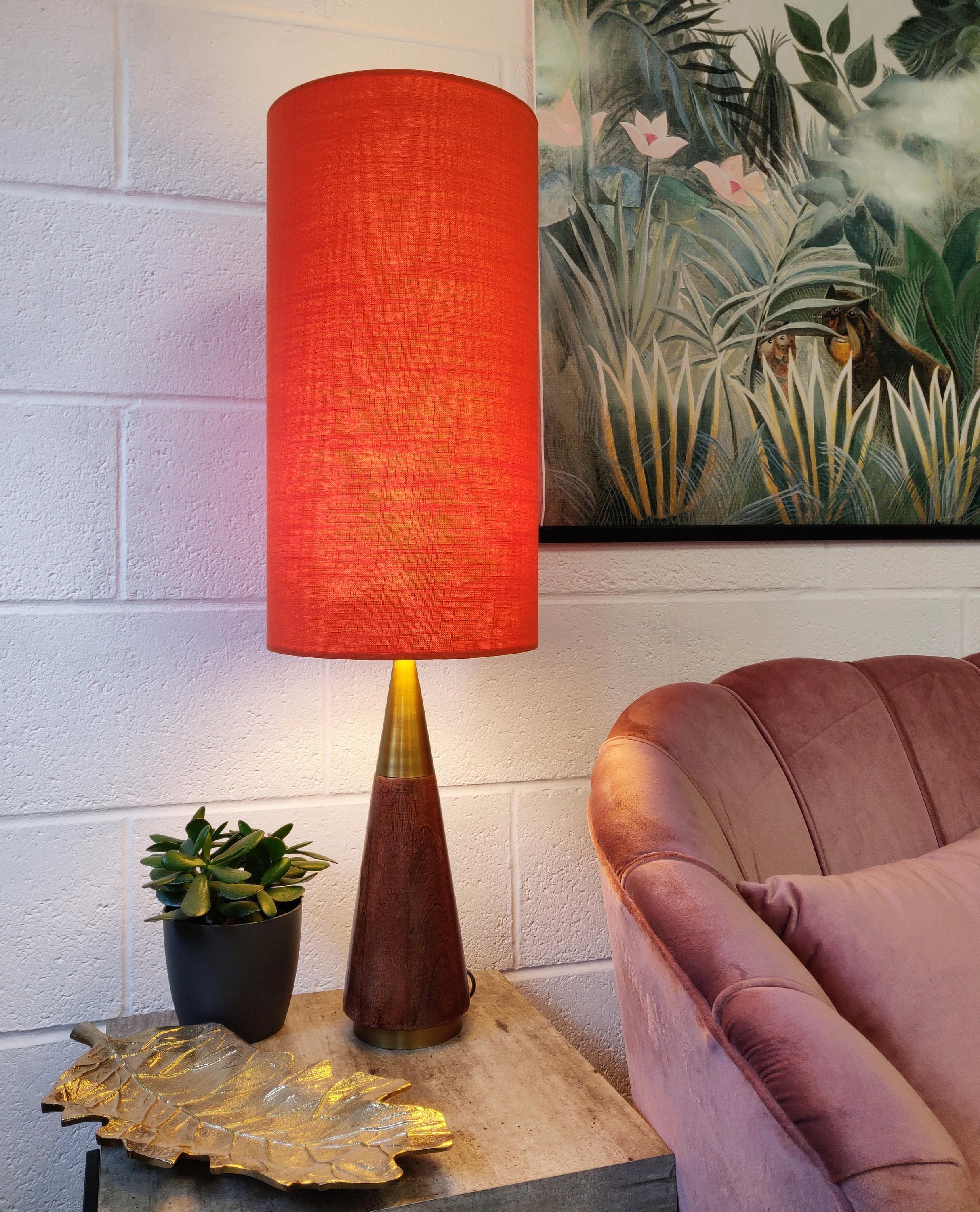Extra Tall Drum Lampshade in Orange Linen 25cm Diameter X 50cm