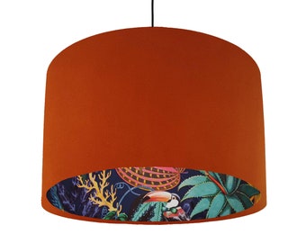 Burnt Orange Velvet Lampshade with Tropical Wonderland Lining, Large Ceiling Lightshade