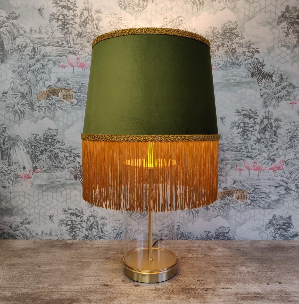 Olive Green Tapered Fringed Lampshade in Velvet With Gold Fringe