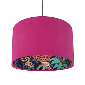 Pink Velvet Lampshade with Tropical Wonderland Lining, Large Ceiling Lightshade