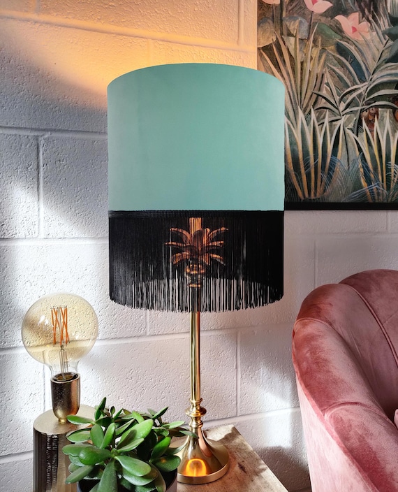 Light Mint Green Fringed Lampshade in Velvet With Black Fringe