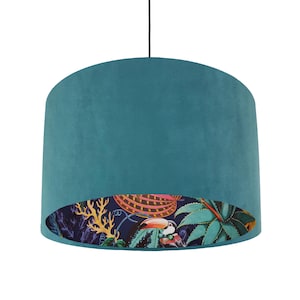 Teal Velvet Lampshade with Tropical Wonderland Lining, Large Ceiling Lightshade