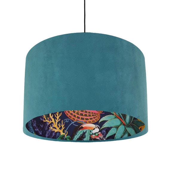 Teal Velvet Lampshade With Tropical Wonderland Lining Large