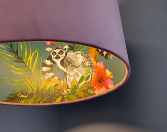 Light Pink Lampshade in Velvet with Teal Lemur Lining, Tropical Large Ceiling Lightshade