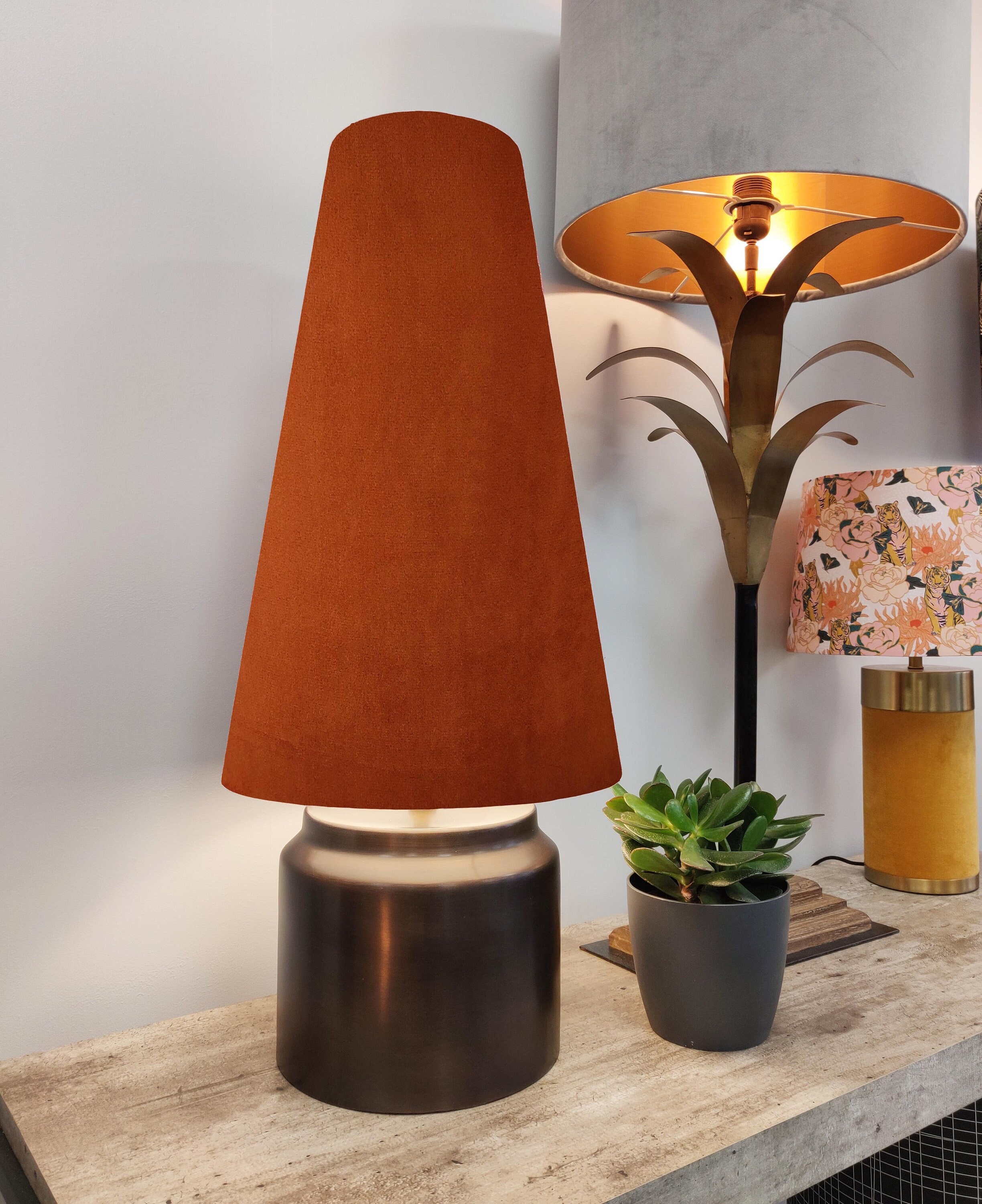 Burnt Orange Extra Tall Cone Lampshade in Velvet Conical Fat Lamp