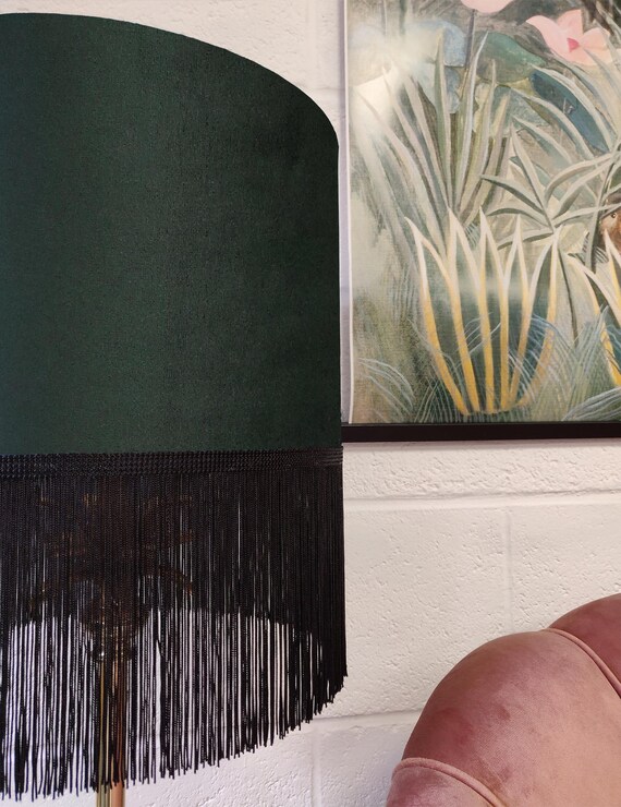 Forest Green Fringed Lampshade in Velvet With Black Fringe Etsy
