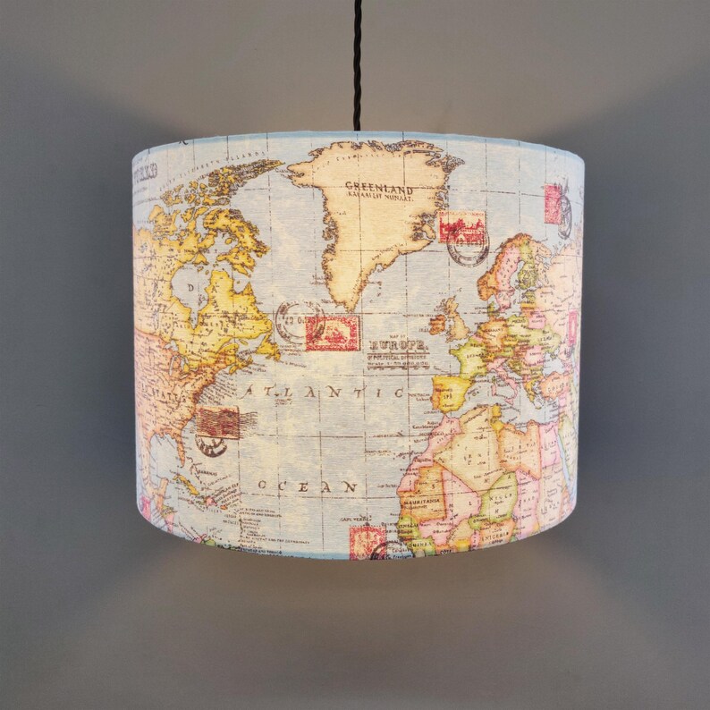 World Map Atlas Lampshade With White Lining Etsy UK