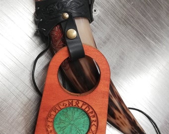 Viking Drinking Horn Holder Set – Leather Belt Horn Holder + Wooden Table Stand – Viking Tavern Decor