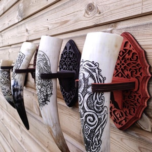 Wooden stand for hanging drinking horn or sword on the wall.VIKING LARP medieval fantasy Celtic fantasy Nordic epic home heathen pagan wicca