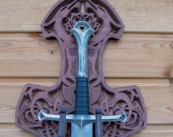 Mjolnir Dragon Sword Wall Mount – Viking Thor Hammer Sword Display – Reinforced Multilayer Wood Holder – Norse Fantasy Wall Rack – LARP Deco