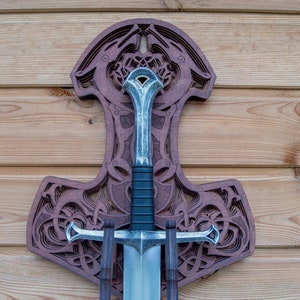 MJÖLNIR DRAGON wooden wall mount for hand and a half sword, LARP, cosplay, display, stand, recreation, medieval, viking, metal, steel, iron