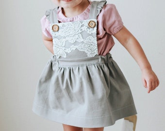 Girl's Lace Front Pinafore Dress | Vintage Style Children's Clothes | Ruffle Straps with Wooden Buttons | Kids Clothing for Family Photos