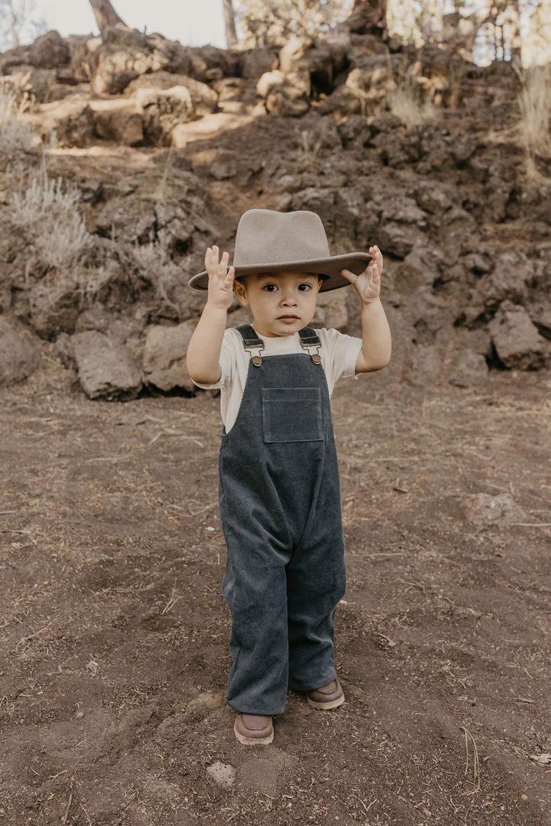 May include: A young child wearing a white t-shirt and dark blue overalls is holding a gray felt fedora hat. The child is standing on a dirt path with rocks in the background.