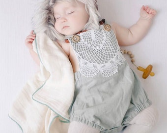 Vintage Crochet Doily Romper | Linen Baby Summer Sunsuit