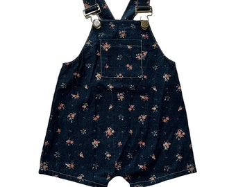 READY TO SHIP Child's Summer Floral Overalls | Flax and Cotton Blend Harem Style Kids Jumper Shorts | Cottage Core Children's Clothing