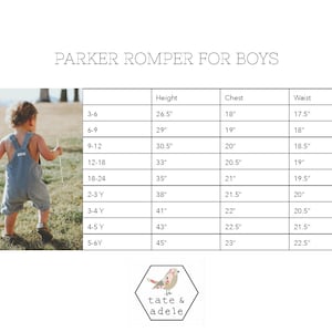 May include: Size chart for a romper for boys, showing height, chest, and waist measurements in inches. The chart includes sizes from 3-6 months to 5-6 years.