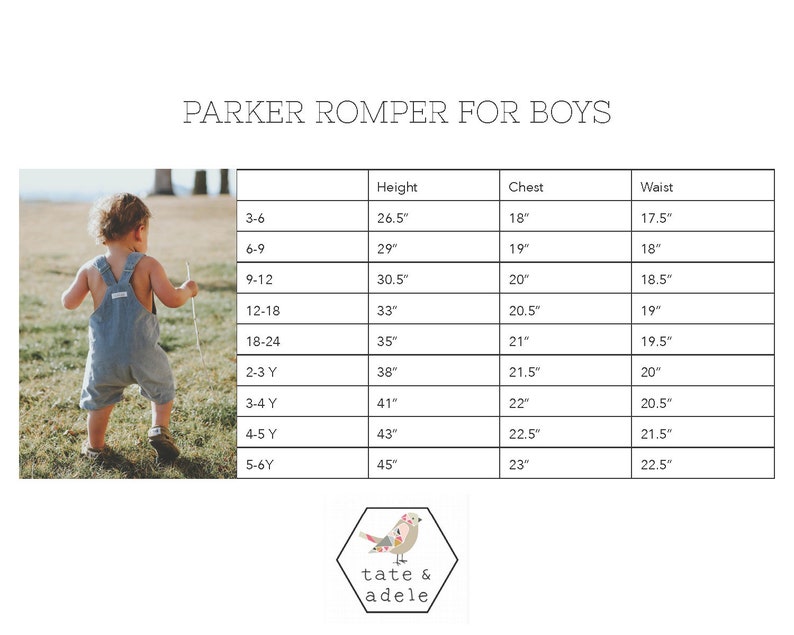May include: Size chart for a romper for boys, showing height, chest, and waist measurements in inches. The chart includes sizes from 3-6 months to 5-6 years.