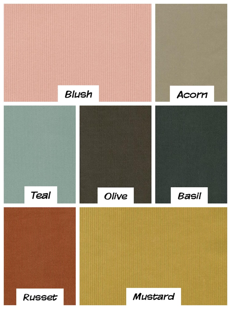 May include: A collection of nine fabric swatches in various colors, including blush, acorn, teal, olive, basil, russet, and mustard. The fabric has a corduroy texture.