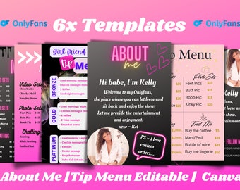 Onlyfans Tip Menu, Onlyfans Graphics Bundle, Six Editable Canva
