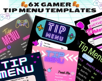 OnlyFans Trinkgeld-Menü, Sechs Gamer-Themen-Tipp-Menü, bearbeitbare Canva-Vorlagen, OnlyFans Bundle, Fansly, OnlyFans-Menü, Twitch Cam Girl, OnlyFans