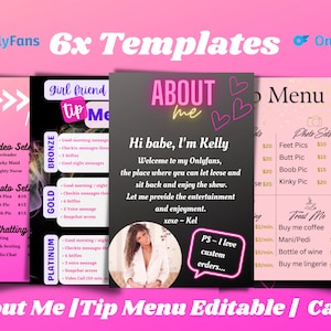 Onlyfans Tip Menu, Onlyfans Graphics Bundle, Six Editable Canva